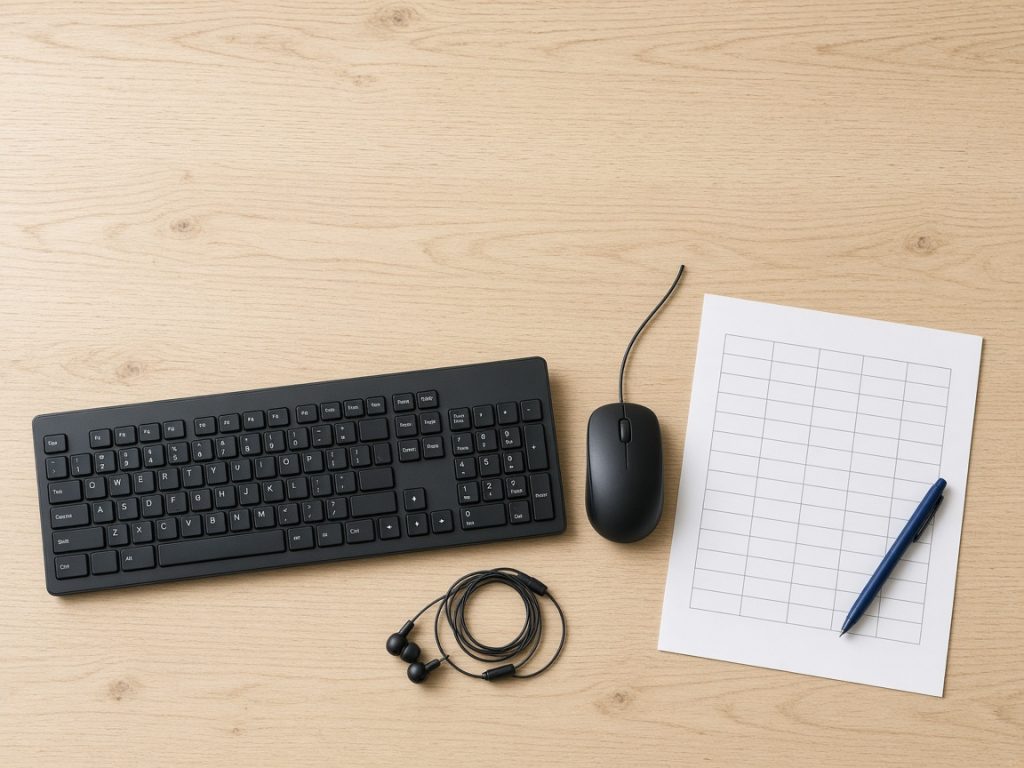 A computer keyboard, mouse, earphones and a ruled practice sheet on a desk