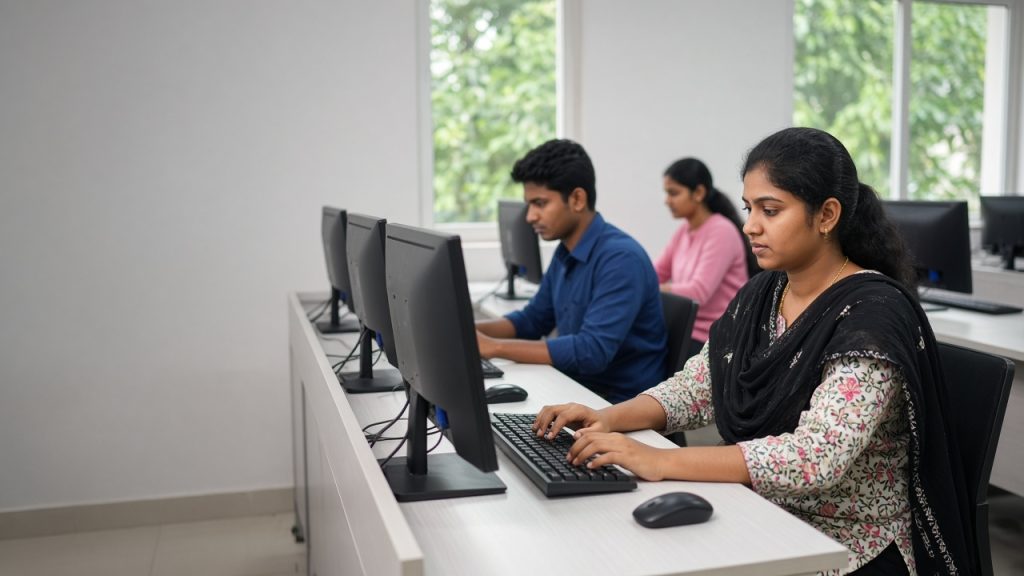 Students typing at desktop computers in a bright training room