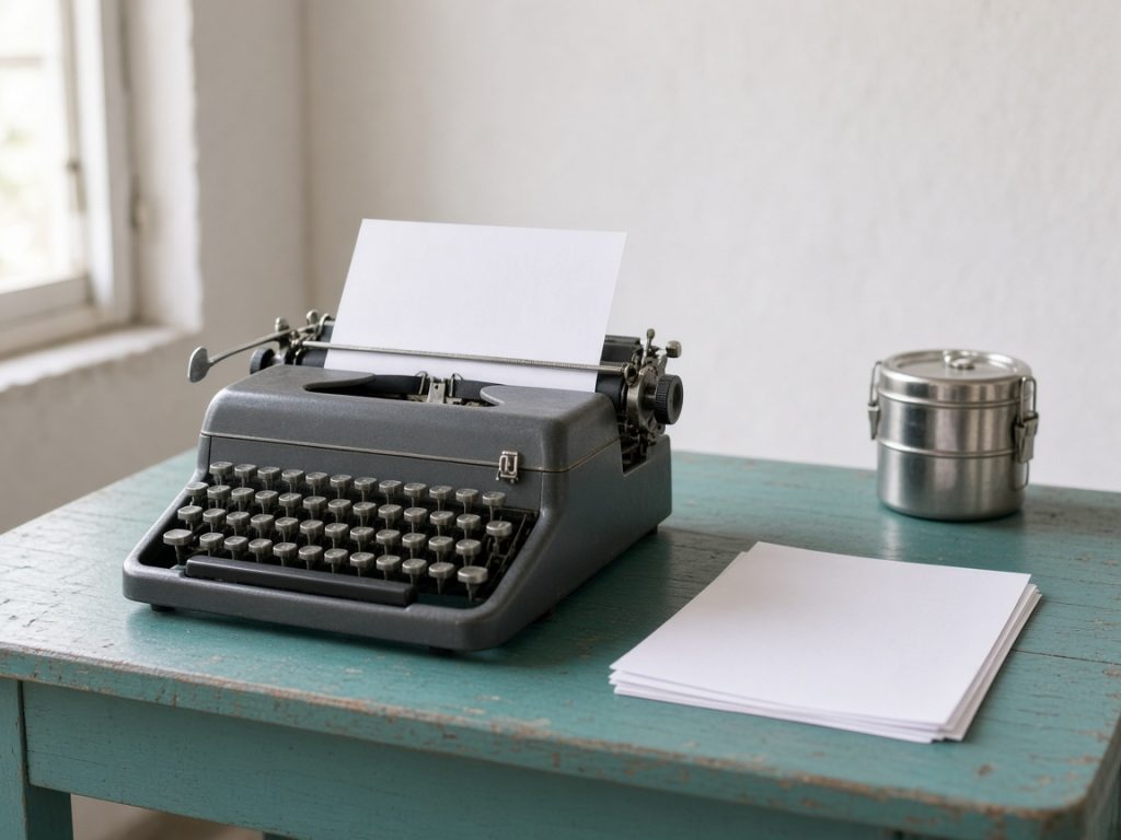 A grey manual typewriter with a blank sheet on a teal wooden desk