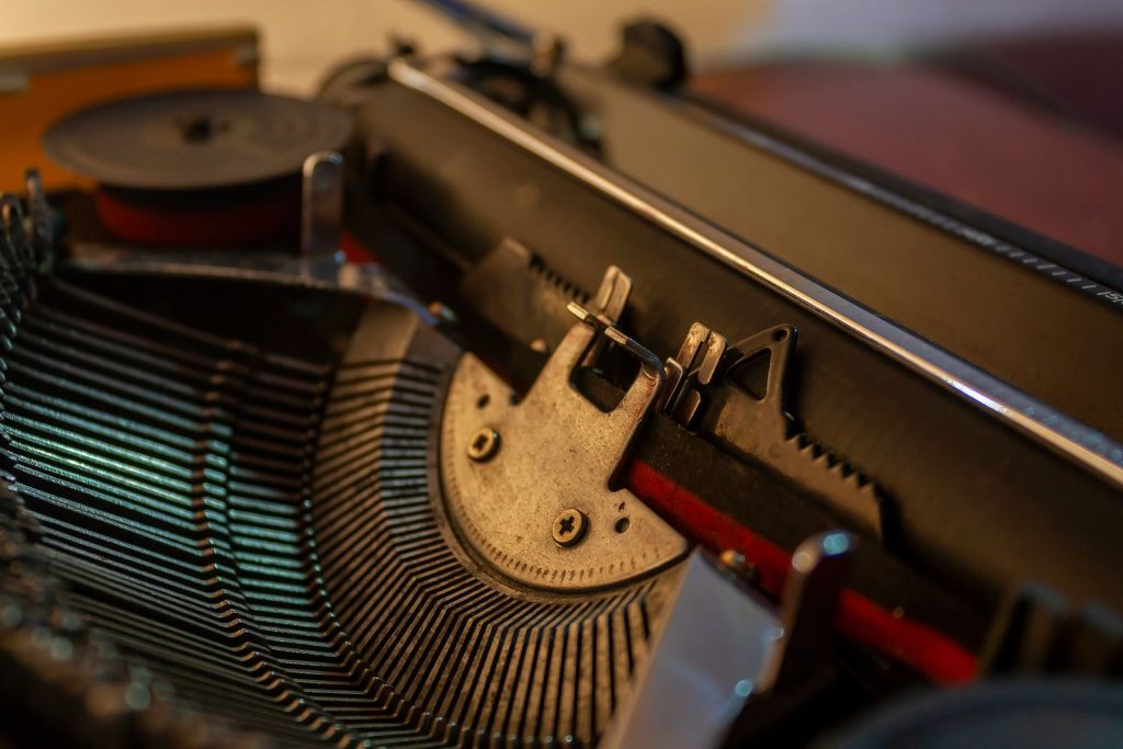 Close-up of the type bars inside a typewriter